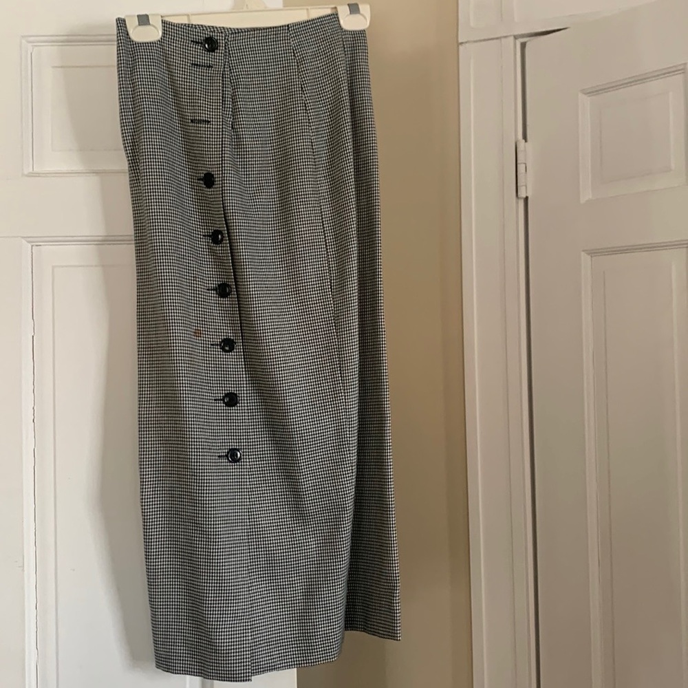 Houndstooth business suit with belt and side button down pencil skirt